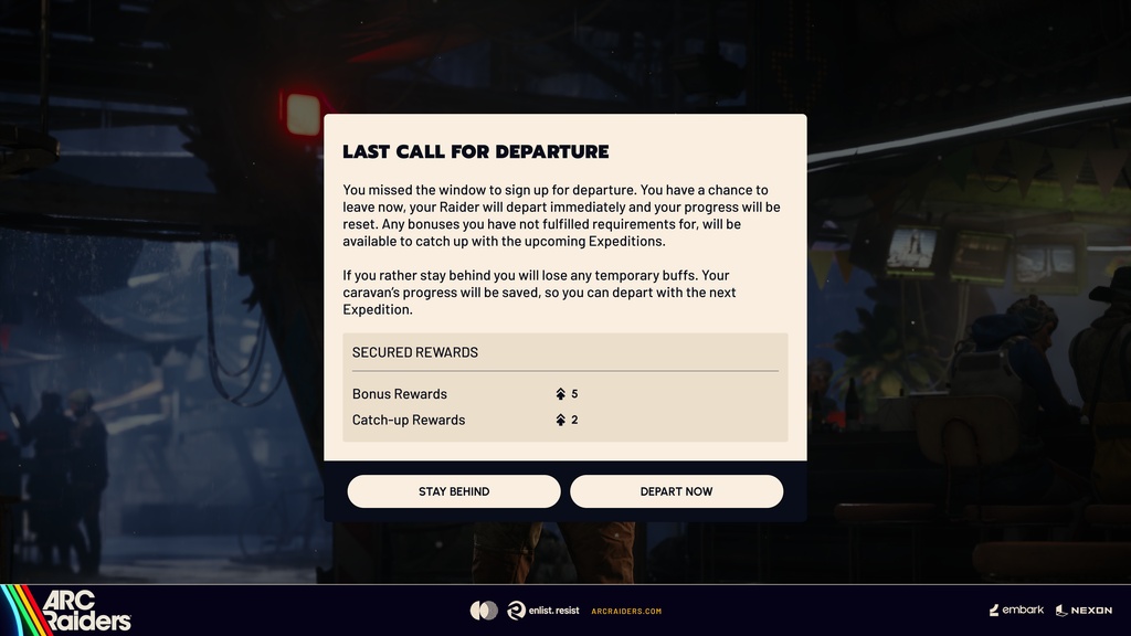 Official ARC Raiders Last Call pop-up showing the final chance to sign up for departure after missing the normal Expedition window.